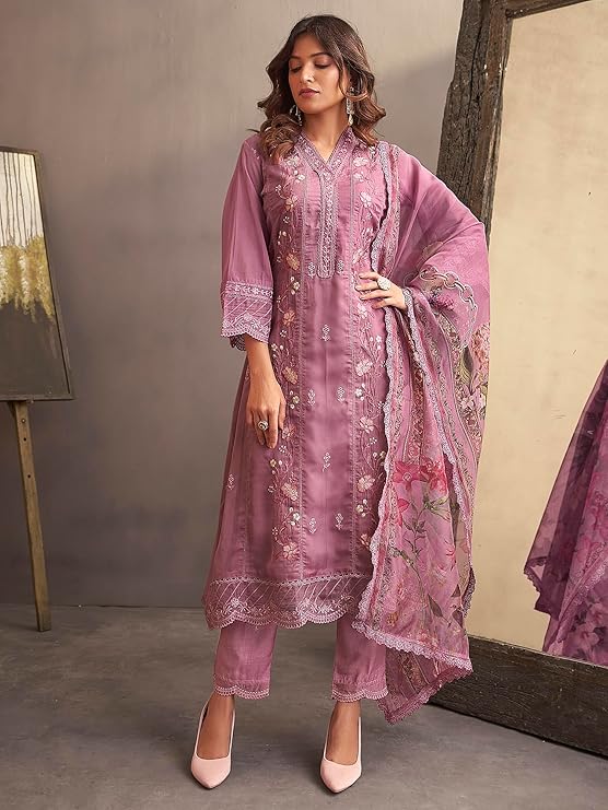 INDO ERA Organza Women's Embroidered Straight Kurta Pant With Dupatta Set