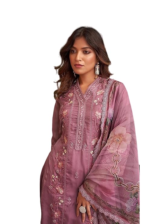 INDO ERA Organza Women's Embroidered Straight Kurta Pant With Dupatta Set