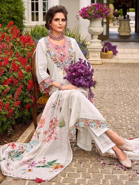 INDO ERA Women's Anarkali Pure Cotton Floral Printed Embroidered Kurta & Pant with Dupatta Set (IEOUT10688)