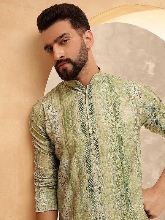 SOJANYA Men’s Cotton Silk Printed Green Kurta | Designer Long Ethnic Outfit for Navratri, Garba Nights & Puja