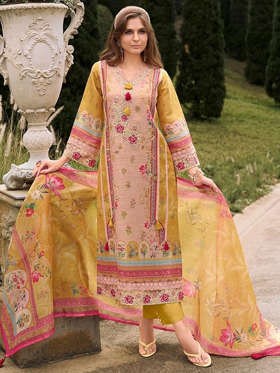 INDO ERA Women's Straight Linen Floral Printed Kurta & Pant with Dupatta Set (IEOUT10562)