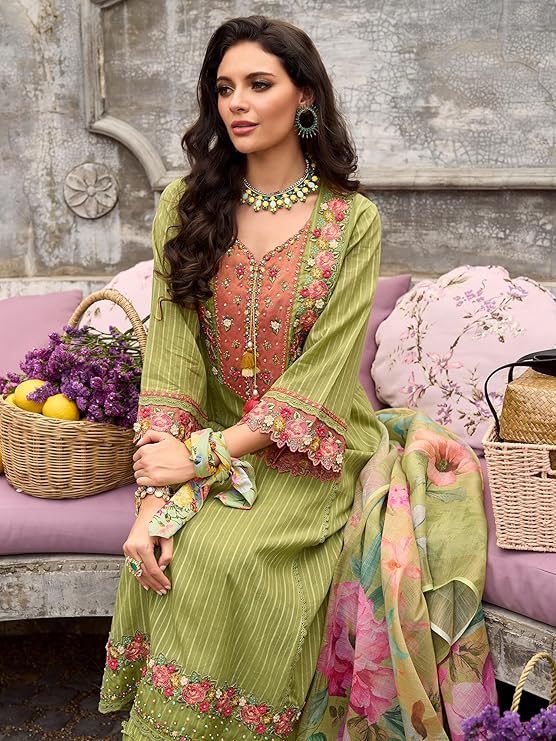 INDO ERA Women's Anarkali Pure Cotton Floral Printed Embroidered Kurta & Pant with Dupatta Set (IEOUT10688)