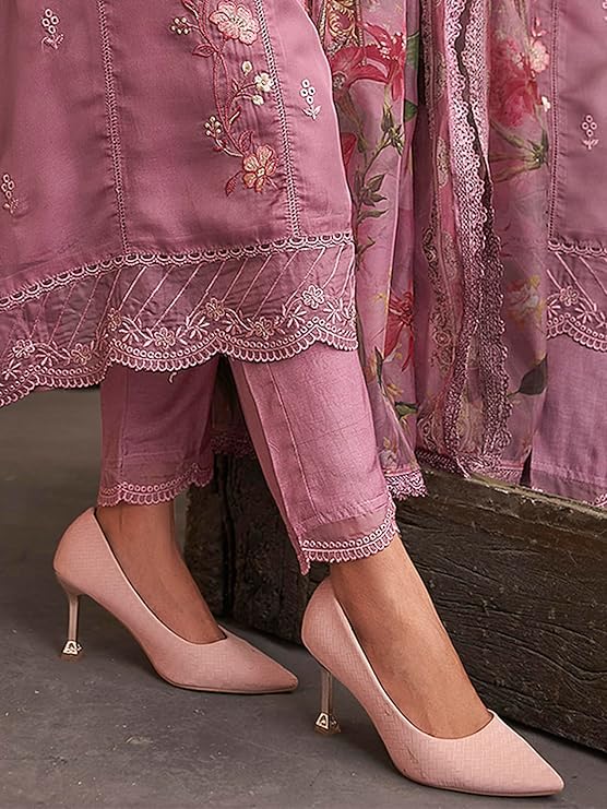 INDO ERA Organza Women's Embroidered Straight Kurta Pant With Dupatta Set