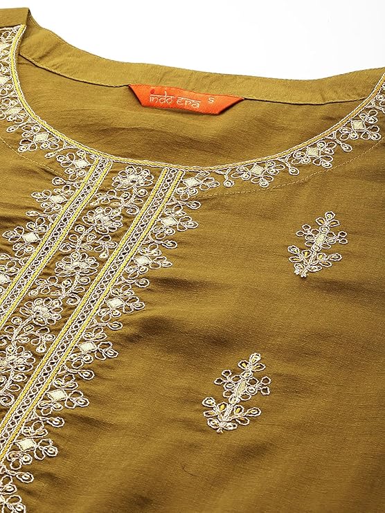 INDO ERA Women's Cotton Blend Embroidered Straight Kurta & Pant with Dupatta Set