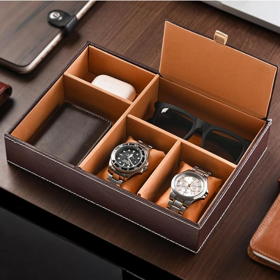 Kuber Industries Faux Leather Jewellery Organisers Box | Watch and Sunglasses Organizer | Desk Organiser Tray | Wallet and Watch Holder Box | Golden & Brown
